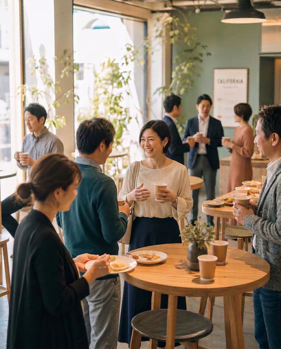 カフェで楽しそうに交流する日本人の参加者たち。ビジネスからカジュアルな服装の方まで混ざっている